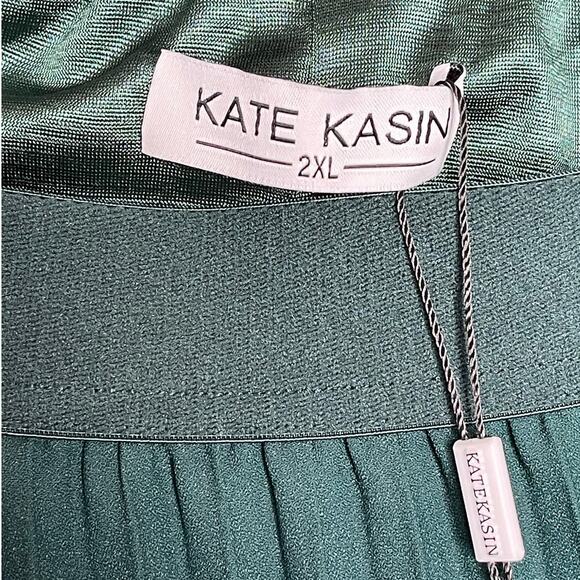 Kate Kasin Pleated Midi Swing Skirt Dark Green Elastic Waist Lined Women's 2XL - Picture 4 of 11